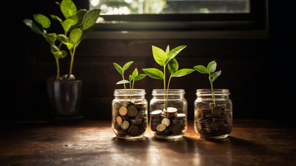 コインで満たされた瓶から芽吹く緑の植物で財政的な成長の概念を表現した画像。自然光に照らされた投資と繁栄の象徴。