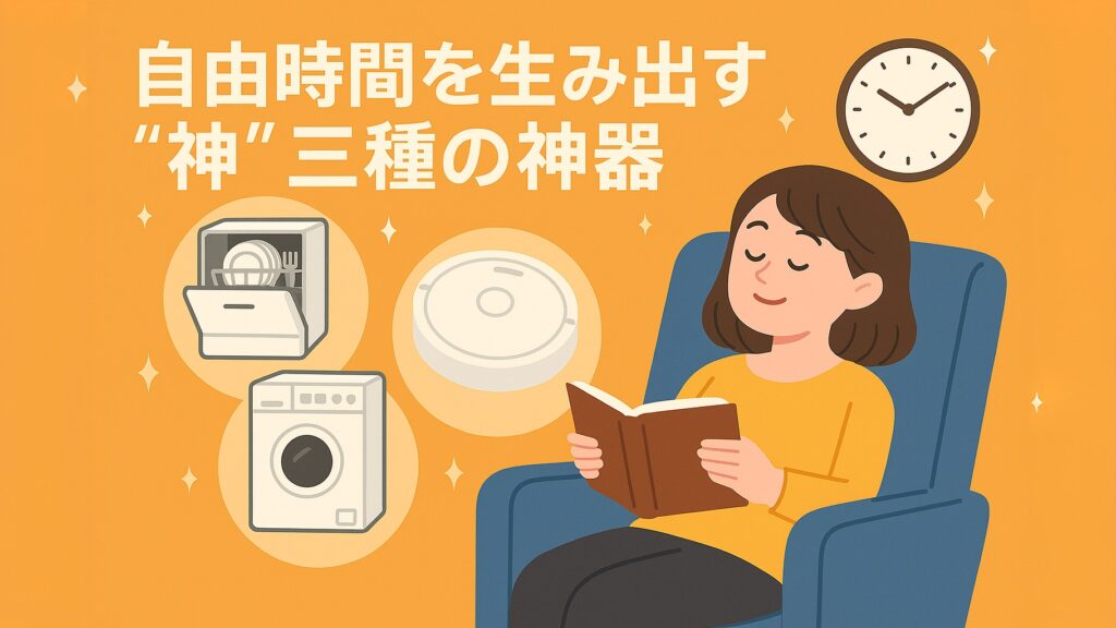 時短家電で自由時間を生み出した結果、リラックスした表情で寛いでいる女性のイラスト