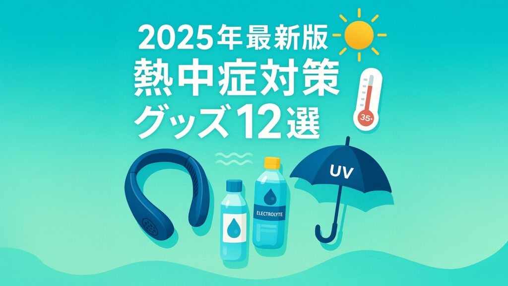 最新の熱中症対策グッズ12選をイメージしたネッククーラー・UV日傘・電解質ドリンクのイラストバナー