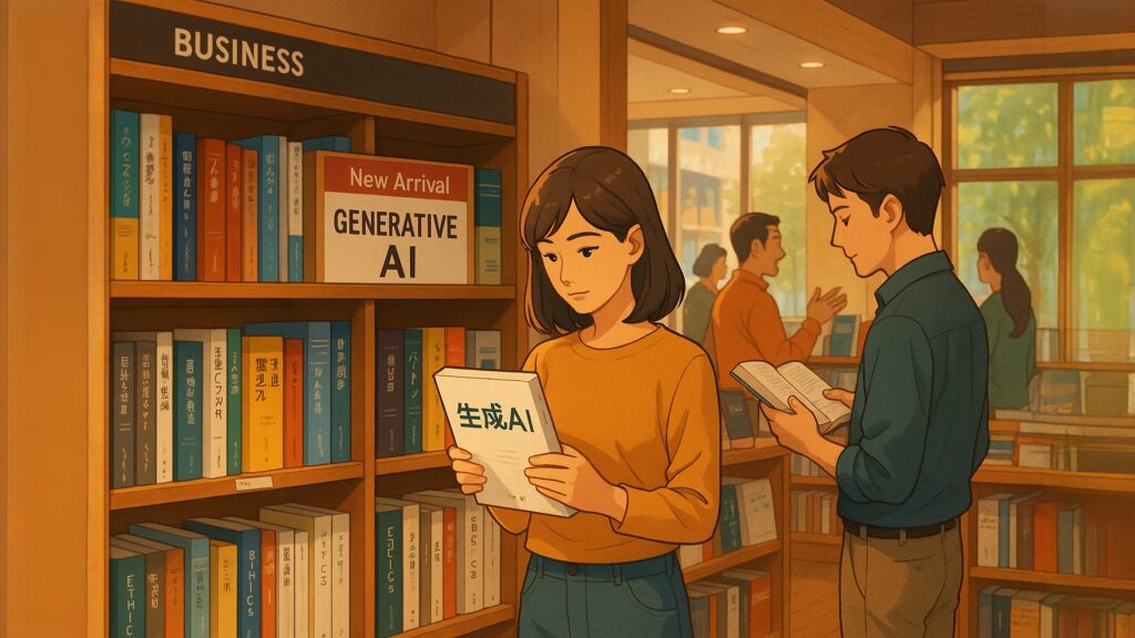 生成AIやビジネス・デザイン本が並ぶ書店で、白い表紙の「生成AI」を手に取る女性と男性が知識を深めるシーン