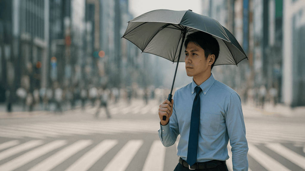 ビジネススーツ姿の男性が都会の交差点で日傘を差し、真剣な表情で前を見つめてている様子