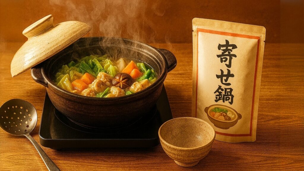 土鍋に湯気の立つ野菜たっぷり寄せ鍋と「寄せ鍋」と書かれた鍋の素パウチ、取り皿とおたまが木のテーブルに並ぶ和風料理の写真