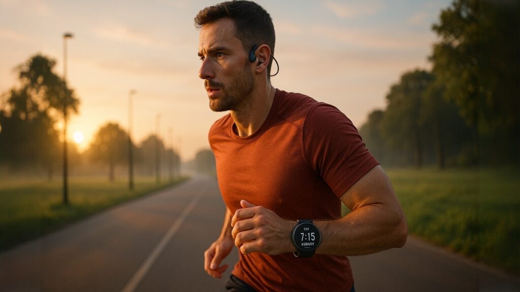 朝日を背景に、ワイヤレスイヤホンとスマートウォッチを着けてジョギングする男性ランナー。健康的なライフスタイルとフィットネスの概念を表現。