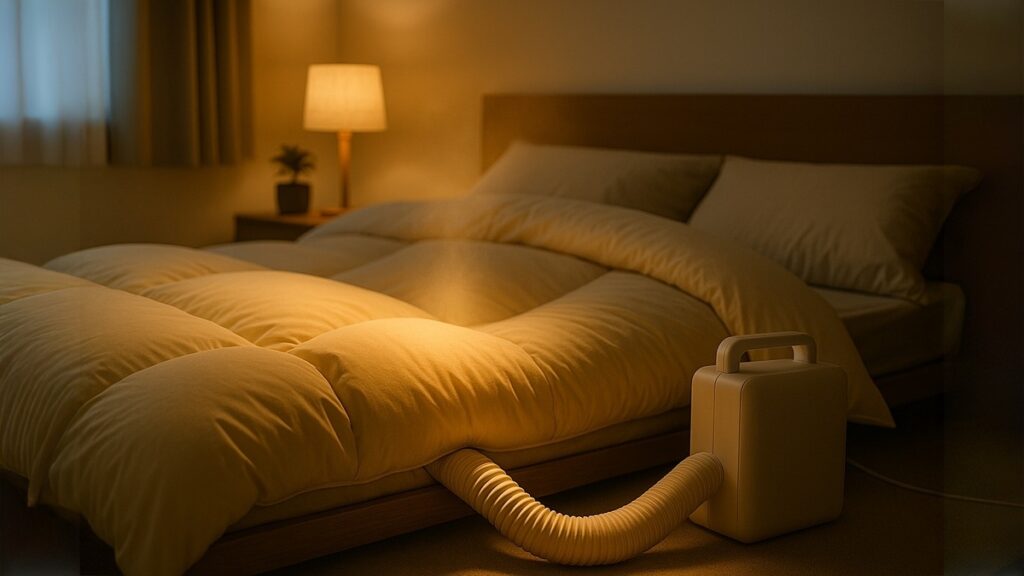 「布団乾燥機で温められたふかふかの布団と暖かい照明の寝室