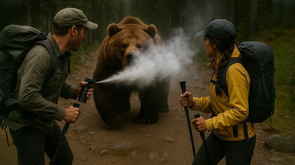 登山中の男女が熊に遭遇し、熊撃退スプレーを使用して身を守る瞬間。森林の登山道での危険回避シーン。