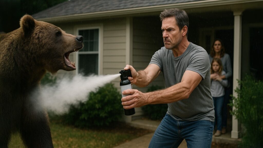 家の前で熊に立ち向かい、家族を守る男性。緊迫した状況を捉えた超現実的な写真