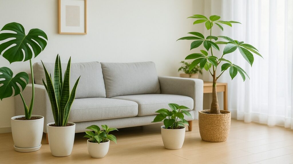 明るいリビングにグレーのソファとモンステラ、サンスベリア、パキラなどの観葉植物を並べた北欧風ナチュラルインテリア