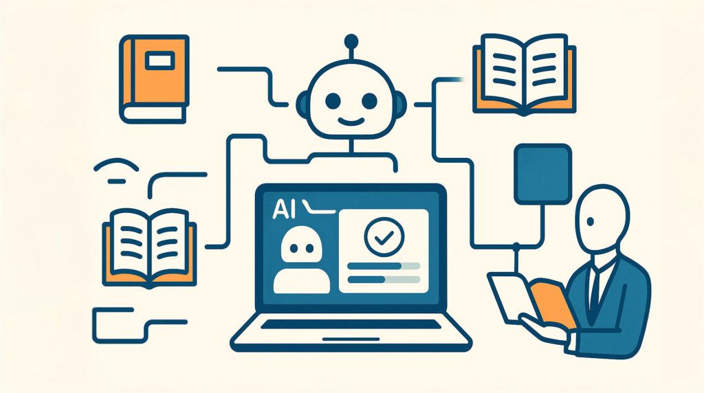 AIエージェントが本や学習データと連携し、人間の学習や読書をサポートする様子を示したイラスト。中央のパソコン画面にAIアイコンが表示され、周囲にロボットや書籍が配置されている。
