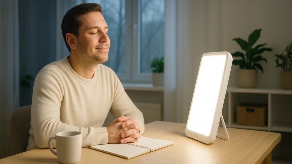 室内のデスクで高照度ライト(光療法ライト)を浴び、目を閉じてリラックスする男性