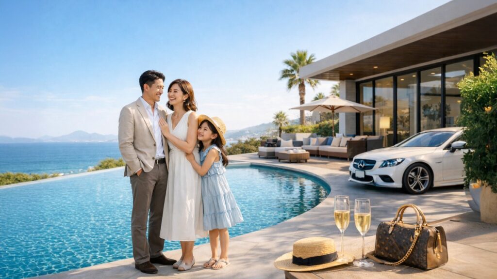 海を望むインフィニティプール付きヴィラで寄り添う家族。テラスにシャンパンと旅行バッグ。