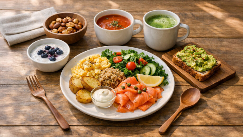 サーモン、スクランブルエッグ、キヌア、アボカドトースト、野菜、スープ、ナッツ、ヨーグルトが並ぶ栄養バランスの良い健康的な朝食プレート