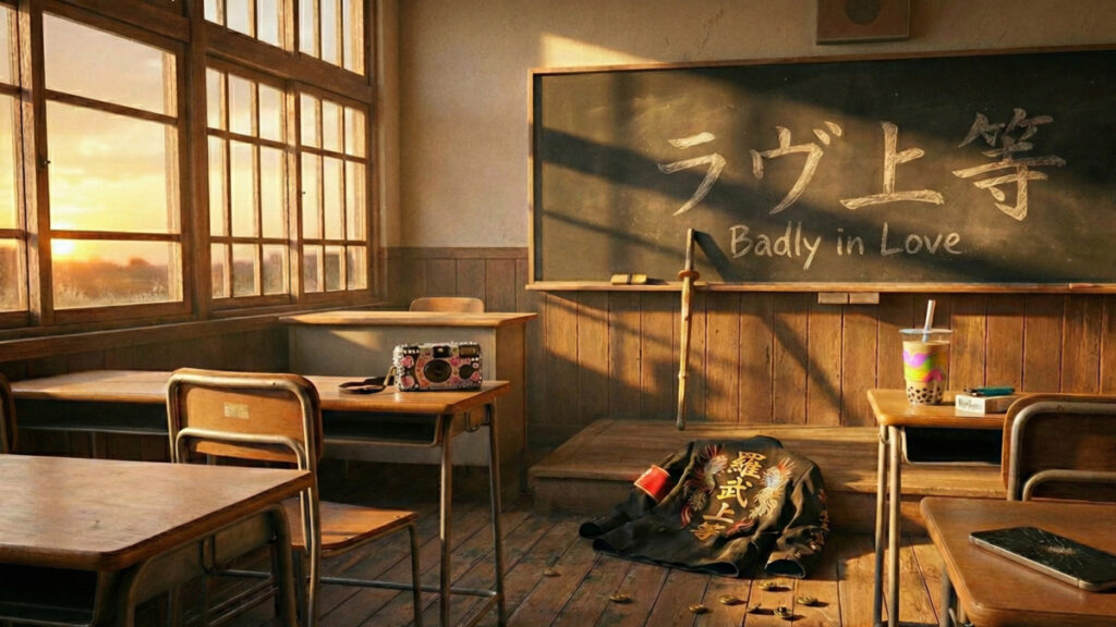 夕暮れの日本の木造教室で、黒板に「ラヴ上等（Badly in Love）」と書かれ、机や椅子が並ぶ中、刺繍入りの学生服が床に置かれている放課後の情景