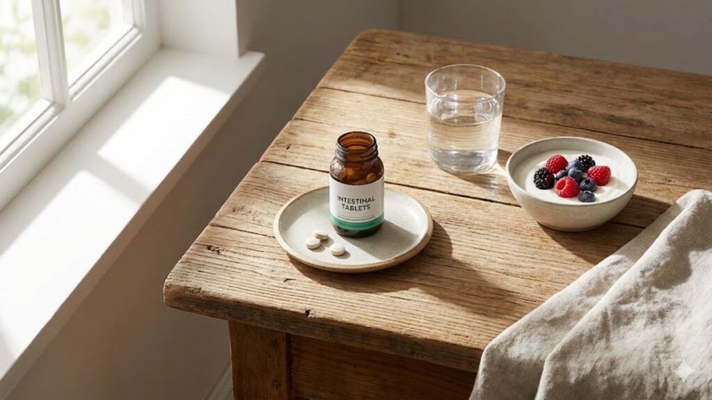 木製テーブルの上に置かれた整腸剤の錠剤ボトルと錠剤、コップ一杯の水、ベリー入りヨーグルトの朝食