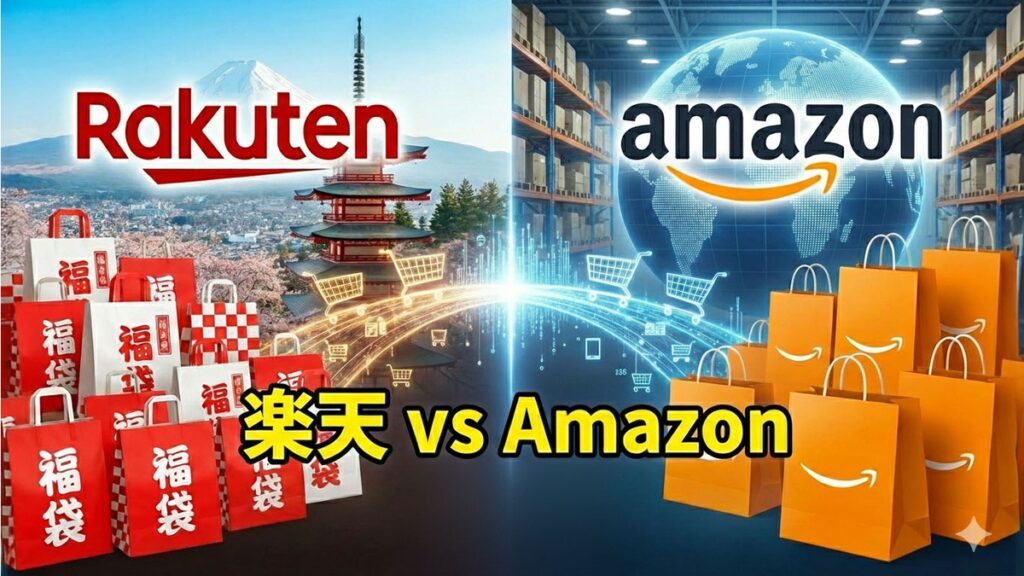楽天とAmazonのロゴが並び、日本の風景と倉庫背景を対比させた「楽天 vs Amazon」の福袋の比較イメージ