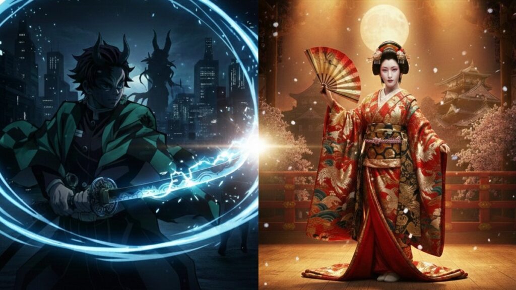 近未来の夜景で青い稲妻をまとう角の剣士と、満月の城下で赤い着物と扇子を持つ女性を並べた二分割イラスト