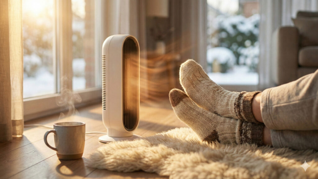冬の窓辺で稼働するセラミックファンヒーターと、暖まる厚手の靴下を履いた足元