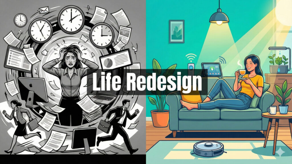 スマート家電などのテクノロジー導入によるストレスフルな生活からリラックスした生活へのビフォーアフター画像。中央に「Life Redesign」のテキスト。