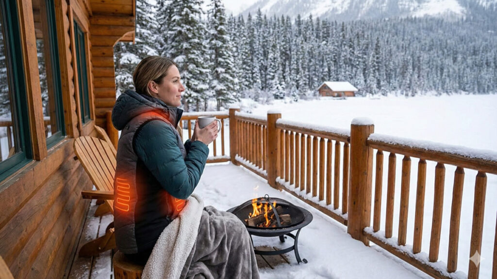 雪のログハウスのテラスで、電熱ベストを着てマグを持ち、焚き火で暖を取る女性