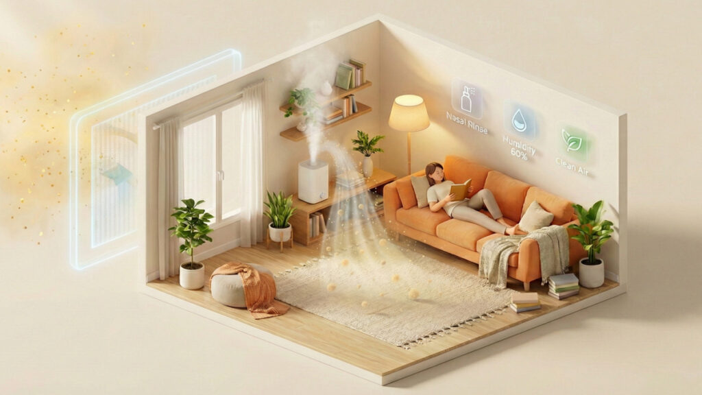 花粉対策が施された清潔なリビングで、加湿器を使用しながらソファで読書をする女性のイラスト。窓からの花粉をブロックし、湿度60%とクリーンな空気が維持されている様子。