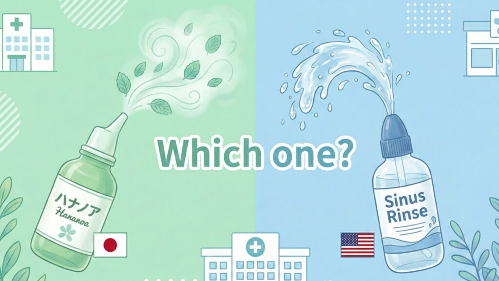 日本の鼻うがい「ハナノア」と米国の「Sinus Rinse」を左右で比較し、「Which one?」と選択を促すイラスト