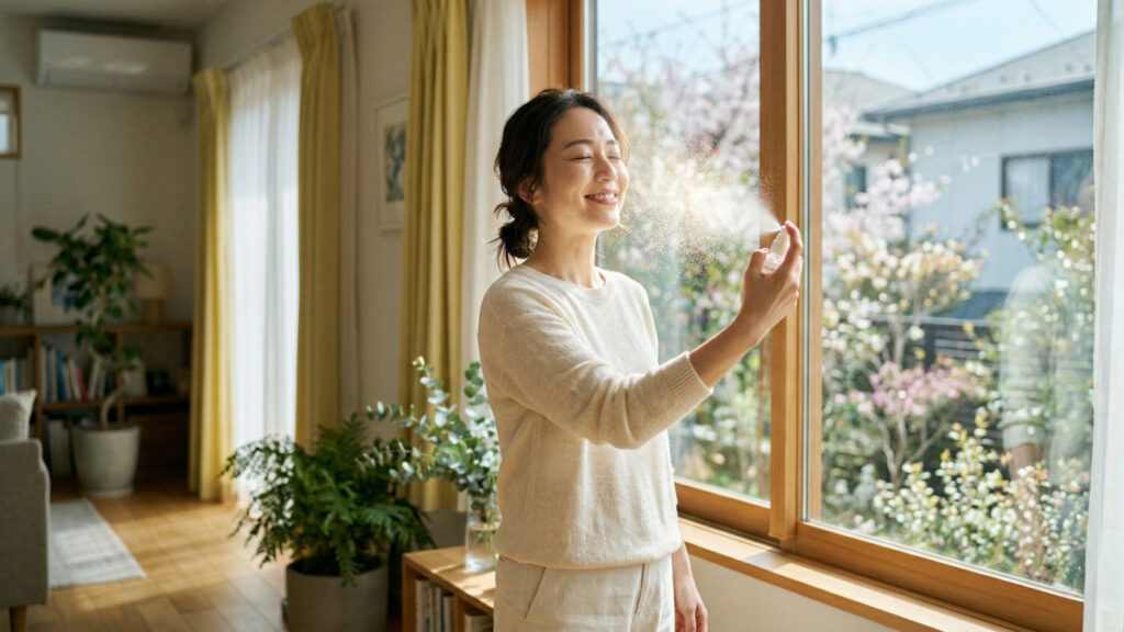 春の日差しが差し込む明るいリビングで、窓辺に立つ女性がスプレーを使って自身の肌をケアをしている様子