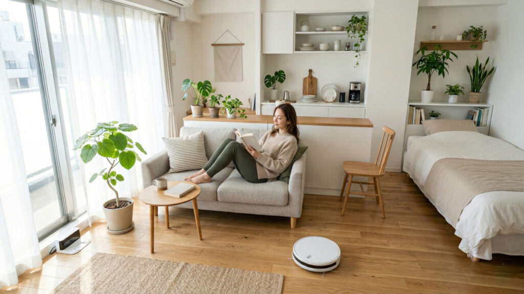 自然光が入るナチュラルな一人暮らしのワンルームで、ソファに座って読書をする女性。観葉植物やロボット掃除機がある、清潔感のあるミニマルな部屋。