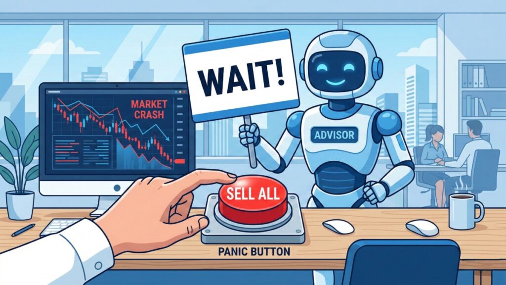 株価暴落のチャートが表示された画面の前で、全売却ボタンを押そうとする手をAI投資アドバイザーが「待て」と制止しているイラスト