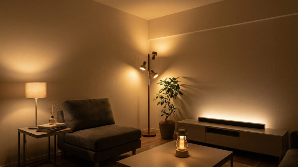暖色の間接照明で落ち着いた雰囲気に整えたモダンなリビング。フロアランプ、テーブルランプ、テレビボード照明、観葉植物がある空間