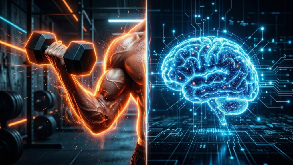 クレアチンの効果を表現したイメージ。オレンジに光るダンベルを挙げる筋肉質な腕（筋力アップ）と、青いデジタル回路で光る脳（集中力・認知機能向上）の分割画像。