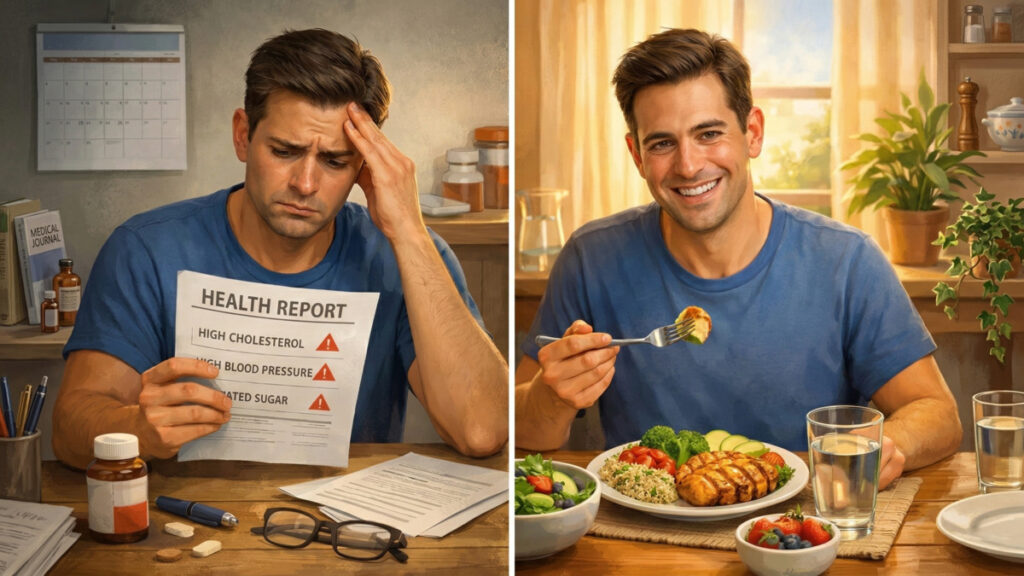 健康診断の結果に悩む男性と、野菜や鶏肉の健康的な食事で生活習慣改善に取り組む男性を並べた比較画像