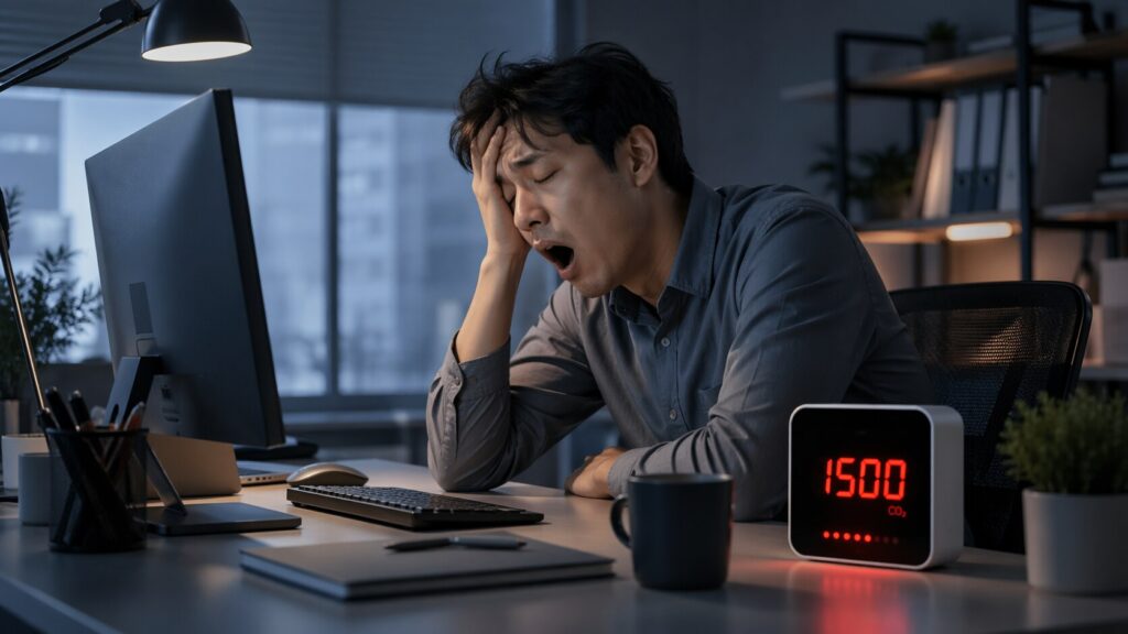 オフィスであくびをする男性社員の横に、CO2濃度1500ppmを示すモニターが置かれている。高い二酸化炭素濃度と眠気、集中力低下をイメージした場面。