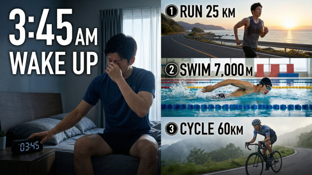 朝3時45分に起床し、25kmラン、7,000mスイム、60kmサイクリングに取り組む元GS系アスリートの朝の活動を示した画像