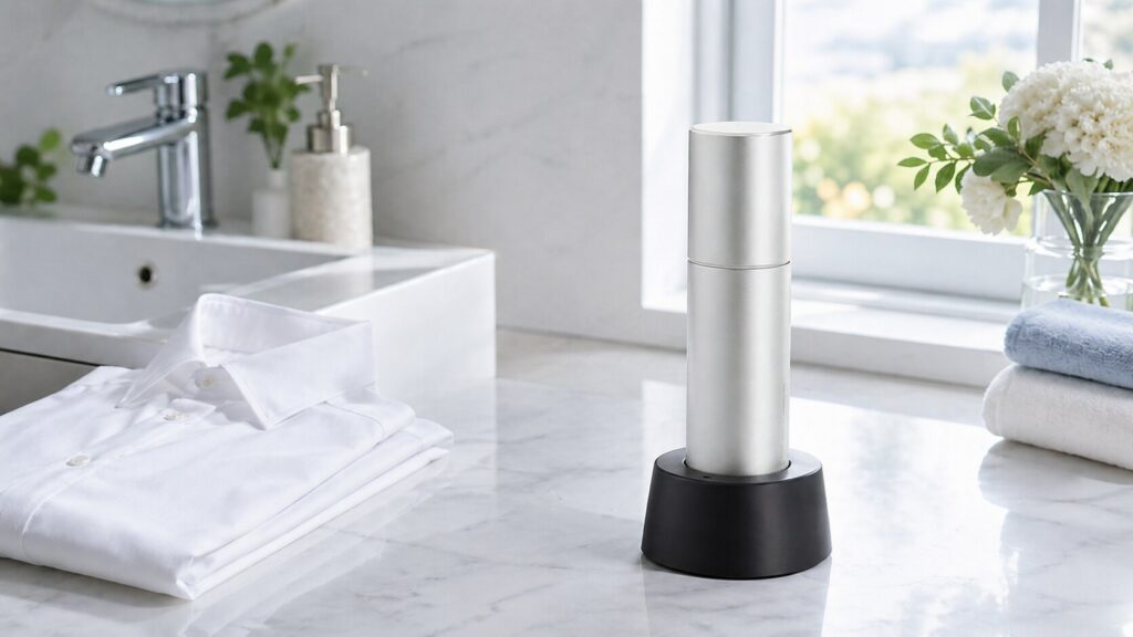 白い洗面台に置かれた白シャツと銀色の超音波衣類ケア機器。シミ抜きや毎日の衣類ケアを想起させる清潔感のある室内写真