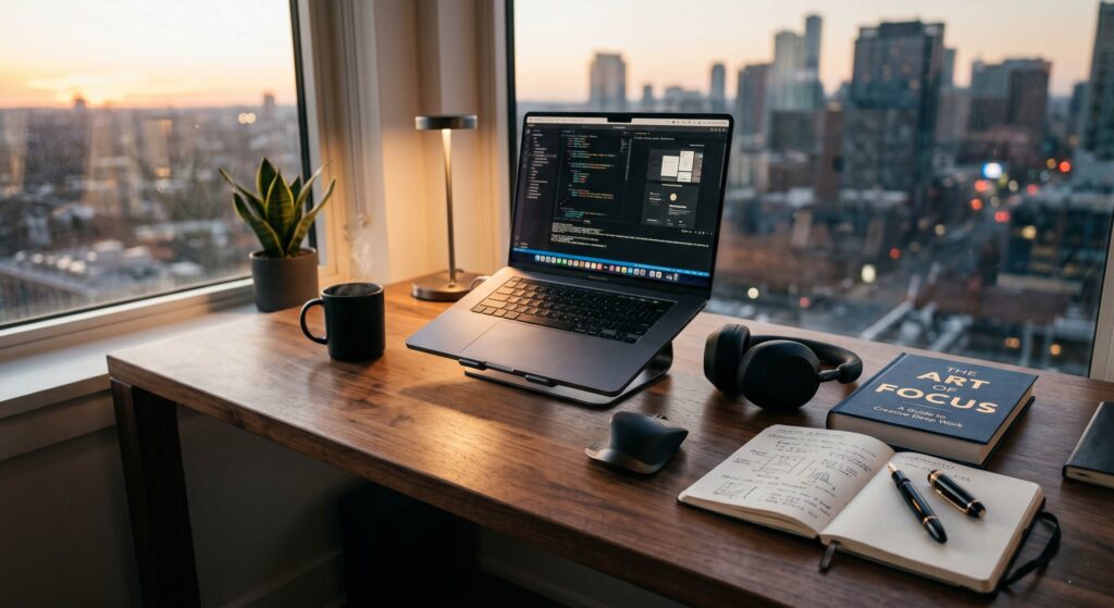 夕暮れの都市を望む窓際のデスクで、ノートPCにコードを表示し、コーヒーやヘッドホン、ノートが並ぶ集中しやすいホームオフィス環境