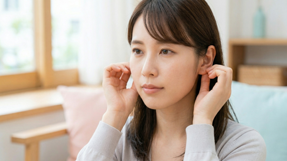 室内で耳まわりに手を添えながらマッサージをする女性