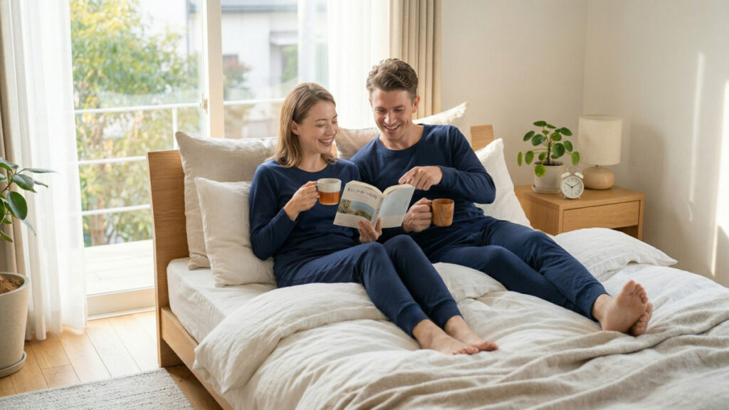 明るい寝室のベッドで、ネイビーのリカバリーウェアを着た男女が飲み物を片手に読書をしながらくつろいでいる