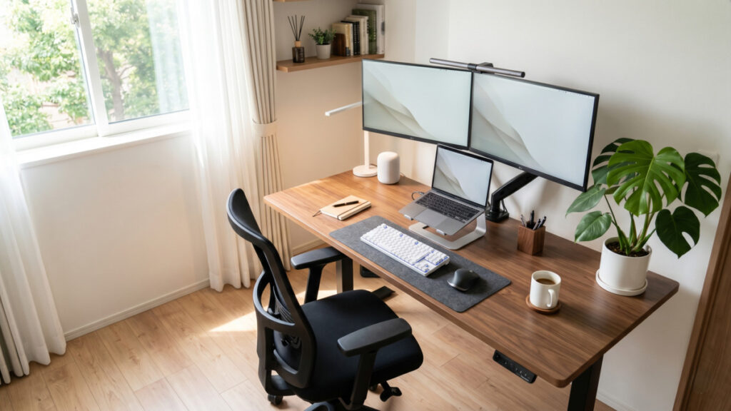 自然光が入る明るいホームオフィス。木目の昇降デスクにデュアルモニター、ノートPC、エルゴノミクスチェアを配置した快適なリモートワーク環境。