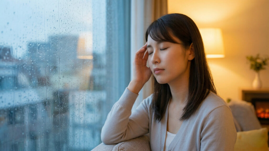雨の日に窓辺でこめかみを押さえ、気圧の変化による頭痛や不調を感じている女性