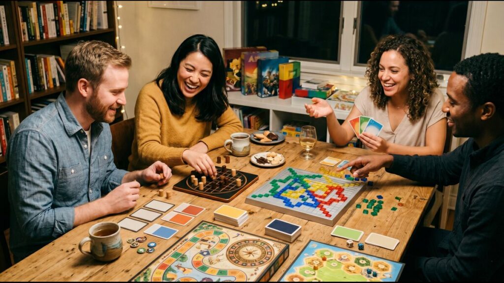 自宅の木製テーブルを囲み、4人が笑顔でボードゲームやカードゲームを楽しんでいる様子