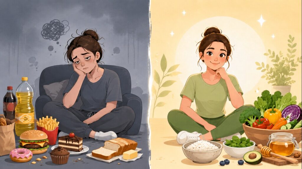 四毒抜きの食生活を表す比較イラスト。左は甘い菓子やパン、揚げ物に囲まれた疲れた女性、右は米・野菜・蜂蜜に囲まれた元気な女性。
