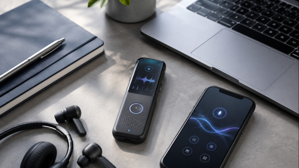 デスク上のAIボイスレコーダー、スマートフォンの音声録音アプリ、イヤホン、ノートPCが並ぶ作業環境
