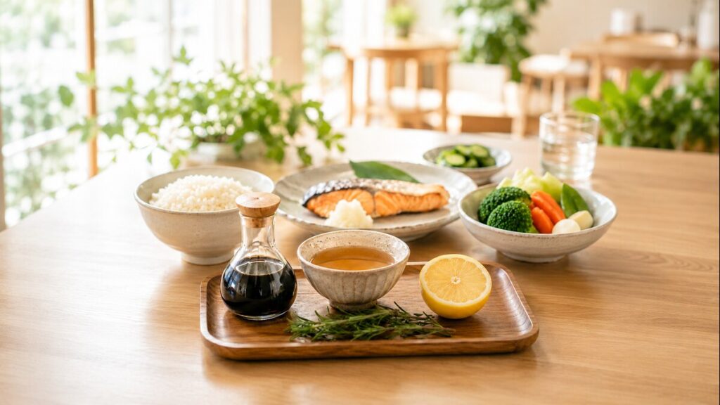 木のテーブルに並んだご飯、焼き鮭、野菜、レモン、調味料を使った健康的な和食の食卓