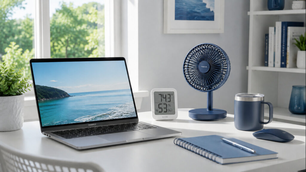 明るい在宅ワーク用デスクに、ノートPC、卓上ファン、温湿度計、蓋つきマグカップが並ぶ快適な作業環境