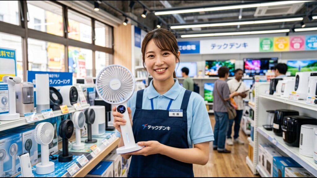 家電量販店の女性スタッフが、店内で夏の暑さ対策に使えるハンディファンを笑顔で紹介している。