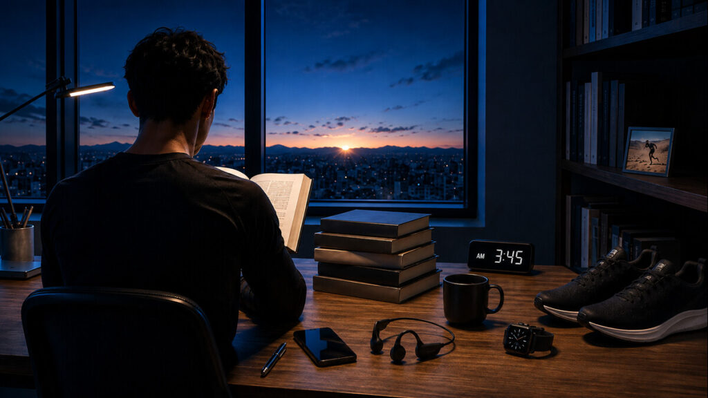 早朝3時45分、日の出前の書斎で本を読む男性。机には積み重ねた本、ランニングシューズ、スマートウォッチ、イヤホンが置かれ、いつでも走りにいける状態で、読書を楽しむ朝活の一場面。