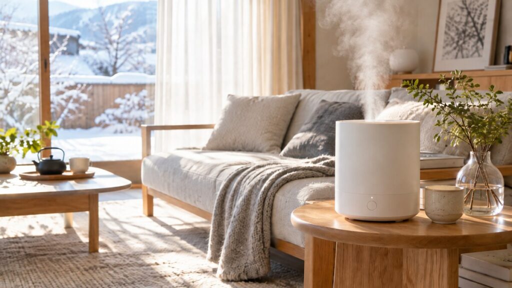 雪景色を望む和モダンなリビング。冬の日差しが差し込む室内で、木製サイドテーブルに置かれた白い加湿器からミストが立ち上る様子。