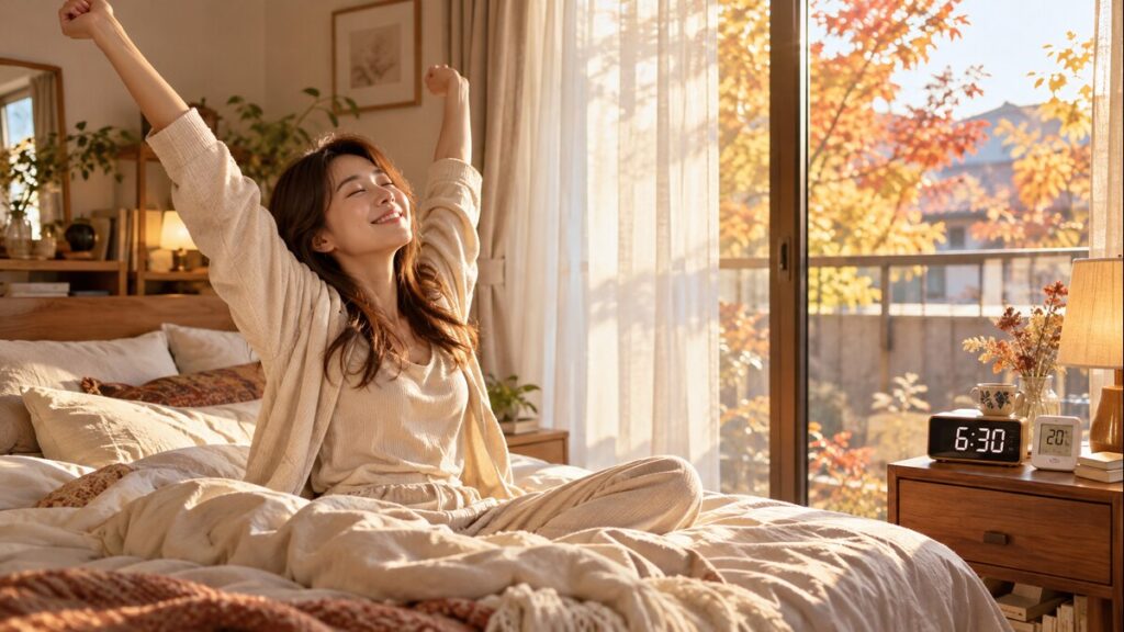 秋の朝、紅葉が見える大きな窓から柔らかな朝日が差し込む寝室で、ベッドに座り両腕を上げて気持ちよさそうに伸びをする女性
