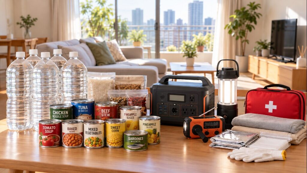 都市部のマンションのリビングに並べられた家庭用防災グッズ。飲料水、缶詰などの非常食、ポータブル電源、LEDランタン、携帯ラジオ、救急セットなどの備蓄用品。