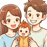 幸せそうな家族のイラスト、母親と赤ちゃん、父親が一緒に写っています。