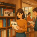 生成AIやビジネス・デザイン本が並ぶ書店で、白い表紙の「生成AI」を手に取る女性と男性が知識を深めるシーン